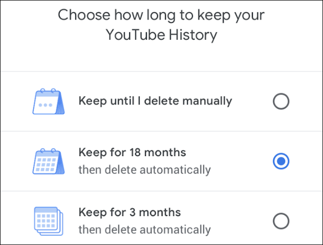 Opcje automatycznego usuwania historii z YouTube.