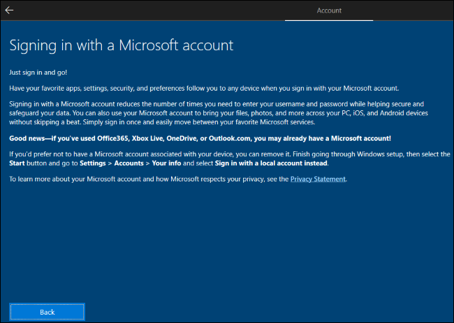 Windows 10 expliquant que vous devez créer un compte Microsoft, puis le supprimer.