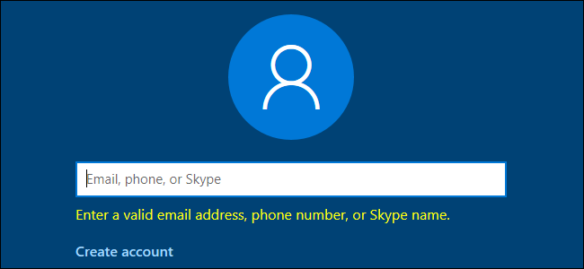 Windows 10 demande une adresse e-mail, un numéro de téléphone ou un nom Skype valides.