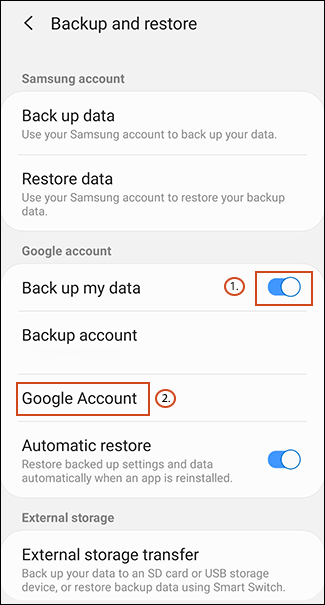 Attiva Backup dei miei dati, quindi tocca Account Google