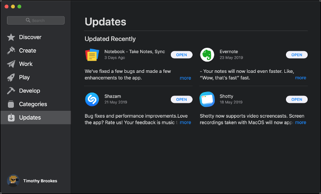 Меню обновлений программного обеспечения App Store в macOS.