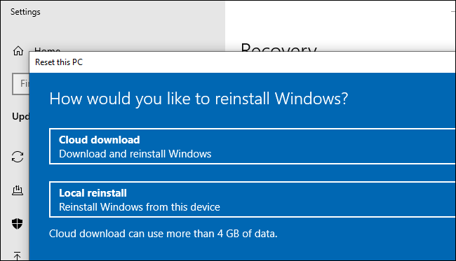La opción de descarga en la nube para restablecer (o reinstalar) Windows 10.
