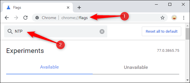 Wyszukiwanie flag NTP na stronie Flagi Chrome.