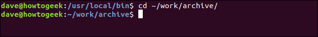 The "cd ~/work/archive" command in a terminal window.