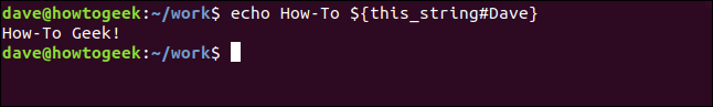 An "echo How-To ${this_string#Dave}" command in a terminal window.