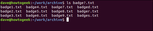 The "ls badge?.txt" command in a terminal window.