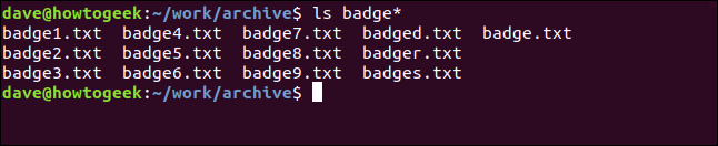 An "ls badge*" command in a terminal window.