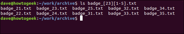 An "ls badge_[23][1-5].txt" command in a terminal window.