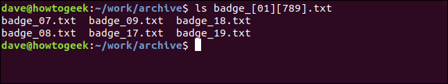 An "ls badge_[01][789].txt" command in a terminal window.