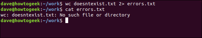 A "wc doesntexist.txt 2> errors.txt" command in a terminal window.