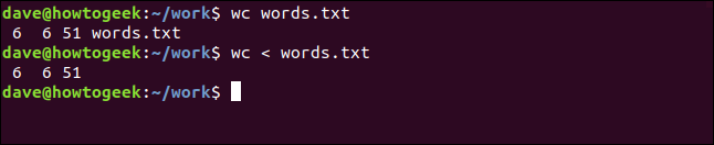 A "wc words.txt" command in a terminal window.