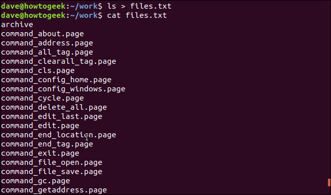An "ls > files.txt" command in a terminal window.