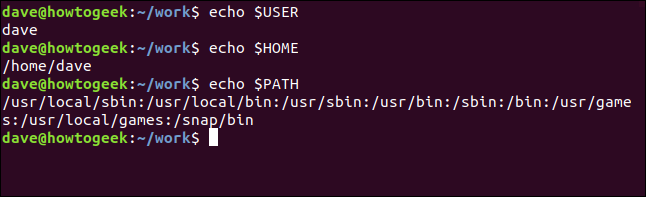 An "echo $USER" command in a terminal window.