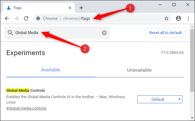 Habilitación de controles de medios globales en Google Chrome.