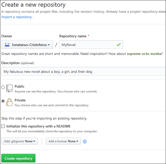 The text form to create a new GitHub repository.
