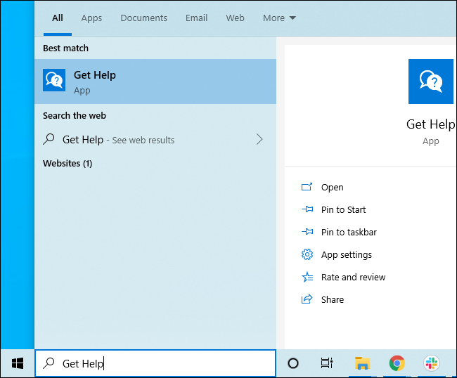 Ricerca di ottenere aiuto nel menu Start di Windows 10