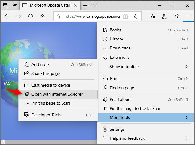 Ouverture d'une page Web dans Internet Explorer à partir de Microsoft Edge.