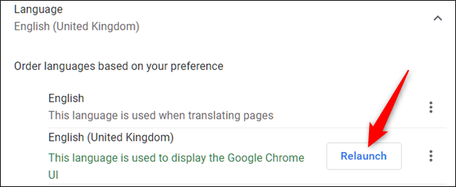 Etter at du har valgt språket som standard, starter du Chrome på nytt når du klikker 