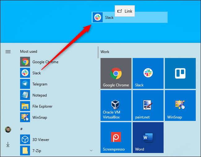 Creazione di un collegamento sul desktop dal menu Start di Windows 10