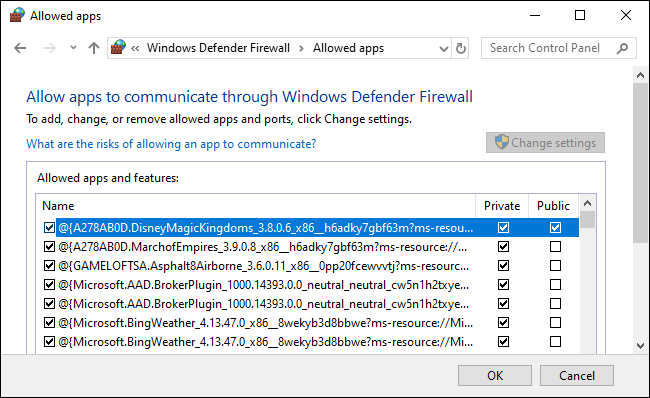 Lista dozwolonych aplikacji Zapory systemu Windows Defender.