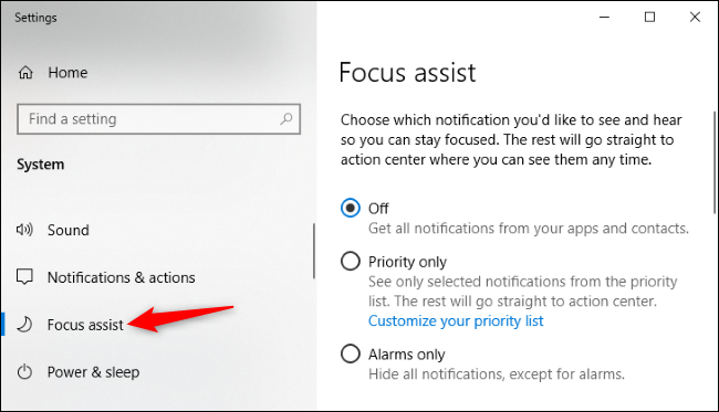 Opcje Focus Assist w ustawieniach systemu Windows 10