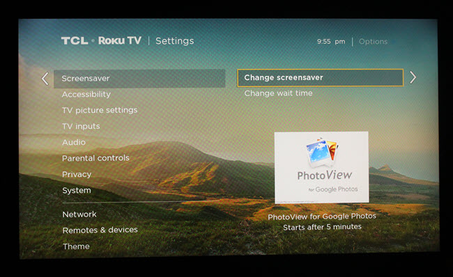 Cuadro de diálogo de configuración del protector de pantalla de Roku, con PhotoView seleccionado.