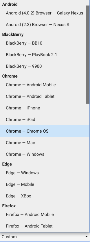 La lista de selección de todos los agentes de usuario preconfigurados en Chrome.