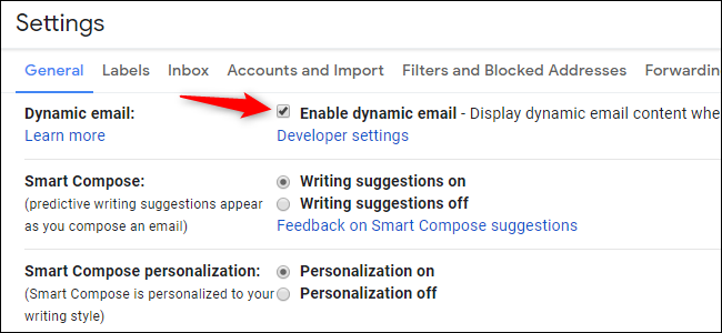 Możliwość wyłączenia lub włączenia dynamicznej poczty e-mail w Gmailu