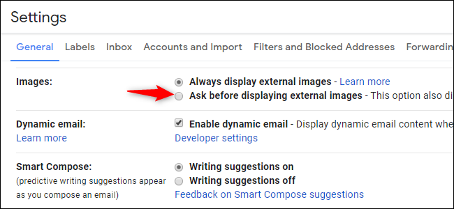 Возможность отключить внешние изображения и, следовательно, отслеживание электронной почты в Gmail