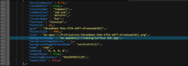 Файл конфигурации json терминала Windows, показывающий настраиваемую опцию фона.