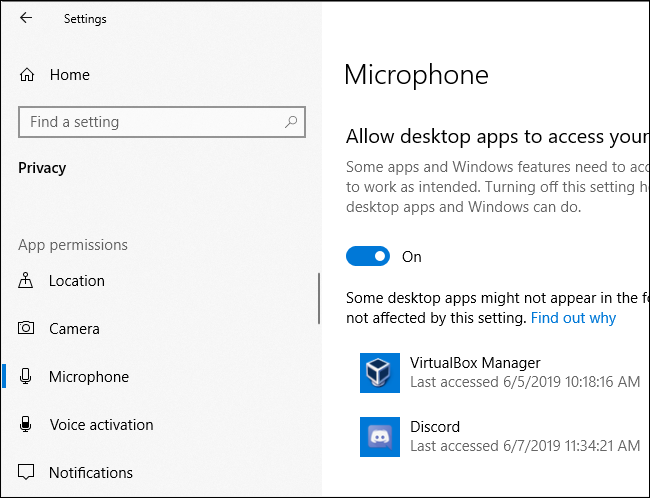 Il riquadro della privacy del microfono di Windows 10 mostra quando le app hanno eseguito l'ultimo accesso al microfono del PC
