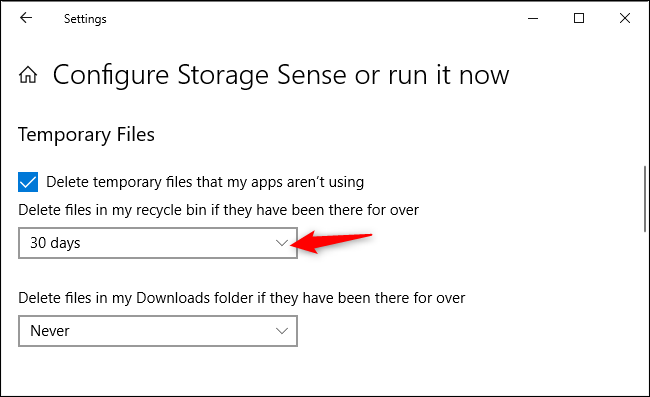 Opzione per controllare se Storage Sense elimina automaticamente i file nel Cestino