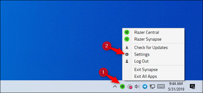 Otwieranie ustawień Razer z ikony w zasobniku systemowym