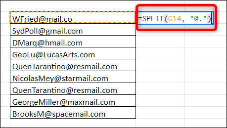Klikk på en tom celle og skriv inn =SPLIT(celle_med_data, 