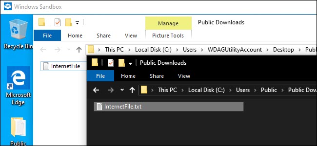 Windows Sandbox Explorer et Explorateur du système hôte affichant un fichier partagé