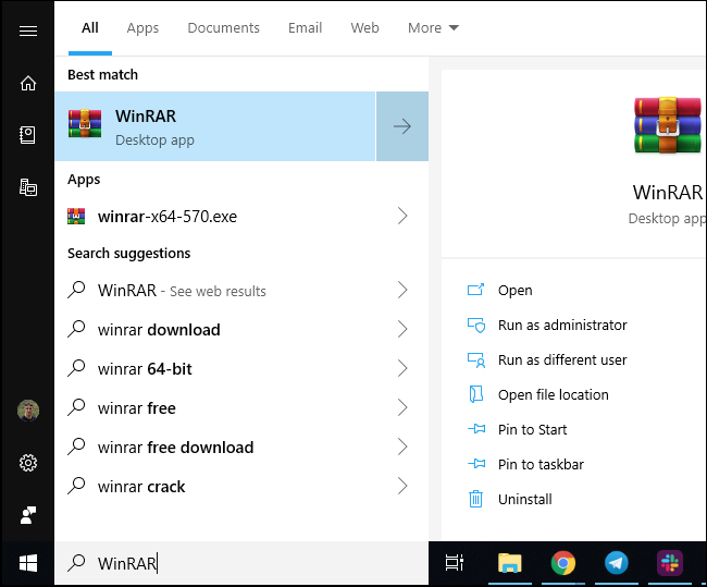 Acceso directo de WinRAR en el menú Inicio de Windows 10