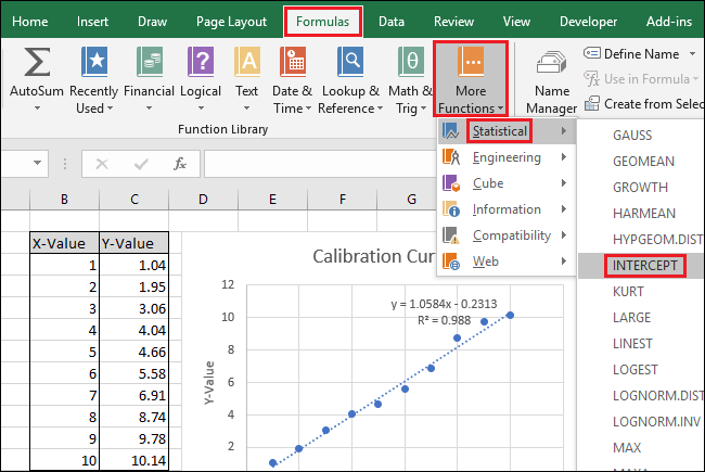 отидете до Формули > Още функции > Статистически > INTERCEPT” width=”650″ height=”435″ onload=”pagespeed.lazyLoadImages.loadIfVisibleAndMaybeBeacon(this);” onerror=”this.onerror=null;pagespeed.lazyLoadImages.loadIfVisibleAndMaybeBeacon(this);”></p>
<p>Показва се прозорецът Аргументи на функцията. Изберете или въведете в клетките на колоната Y-стойност за полето „Known_ys“.</p>
<p><img loading=