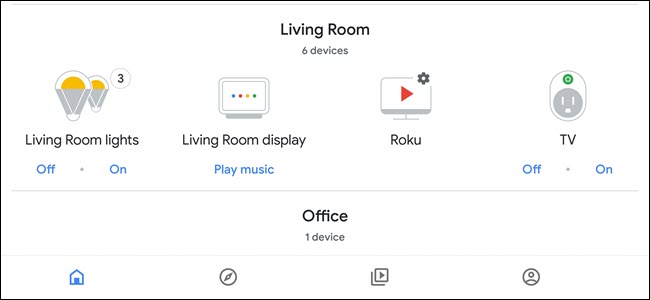 Aplicación Asistente de Google que muestra dispositivos agrupados en la sala de estar