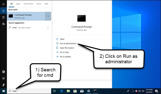 Windows recherche l'invite de commande, avec l'option Exécuter en tant qu'administrateur en surbrillance
