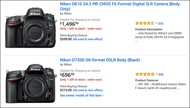 Список Amazon, показывающий корпуса фотоаппаратов Nikon