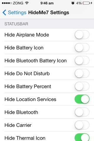 HideMe7 iOS Statusleisteneinstellungen
