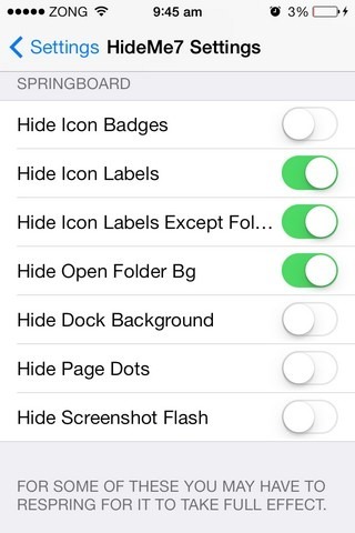 HideMe7 iOS SpringBoard-Einstellungen