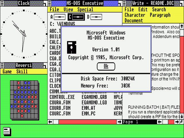 На рабочем столе Windows 1.0 открывается множество мозаичных приложений.