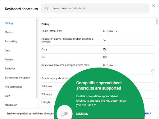 Exemple de raccourcis compatibles avec Google Sheets.
