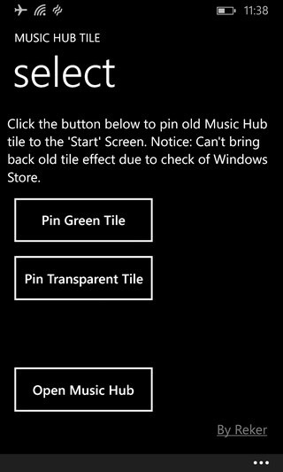 Opciones de Music Hub Tile WP8