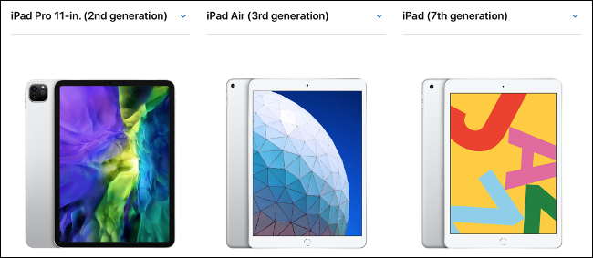 Сравнение iPad, iPad Air и iPad Pro 11 дюймов бок о бок.