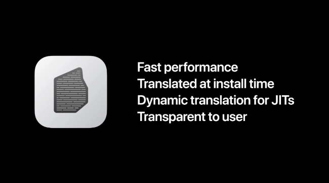 Une diapositive Apple montrant les différentes fonctionnalités de Rosetta 2.