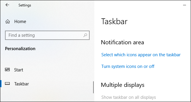 Opcje obszaru powiadomień na ekranie ustawień paska zadań systemu Windows 10.