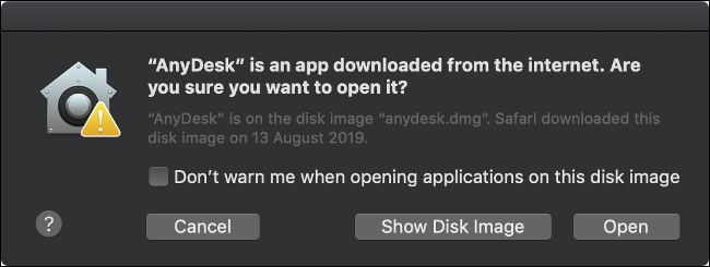Предупреждение macOS GateKeeper с вопросом, действительно ли вы хотите открыть стороннее приложение.