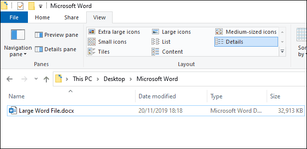 Duży plik Microsoft Word (32 MB) w Eksploratorze plików Windows.